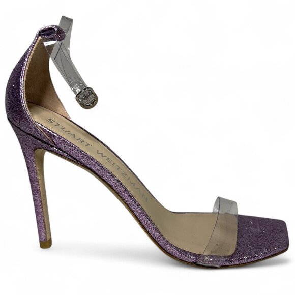 Stuart Weitzman Glitter Lilac High Heel PVC Sandal sz 8 NWOT - Picture 1 of 13